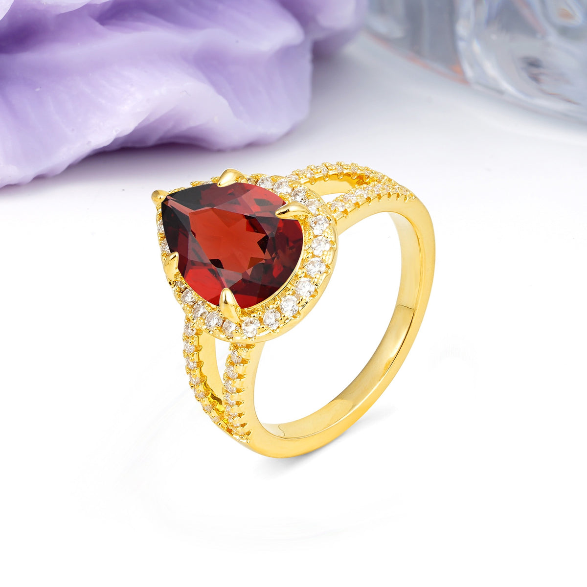 Classic Double-Row Diamond, Luxurious 5-Prong Pear Cut Garnet Engagement Ring - Additional view
