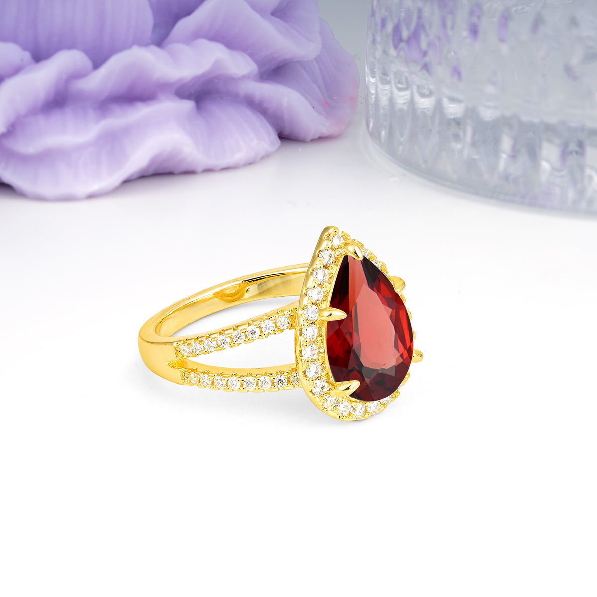Classic Double-Row Diamond, Luxurious 5-Prong Pear Cut Garnet Engagement Ring - Additional view