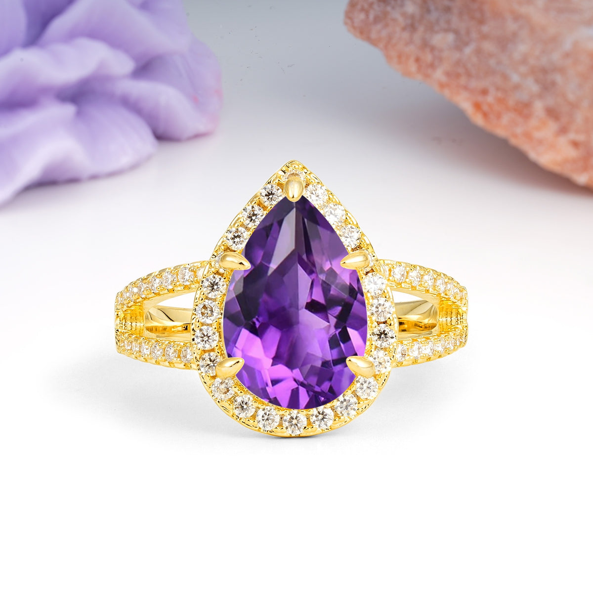 Classic Double-Row Diamond, Luxurious 5-Prong Pear Cut Amethyst Engagement Ring - Additional view
