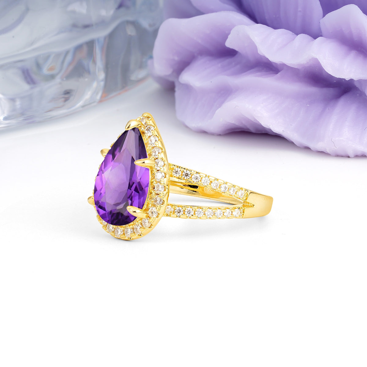 Classic Double-Row Diamond, Luxurious 5-Prong Pear Cut Amethyst Engagement Ring - Additional view