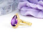 Classic Double-Row Diamond, Luxurious 5-Prong Pear Cut Amethyst Engagement Ring - Additional view