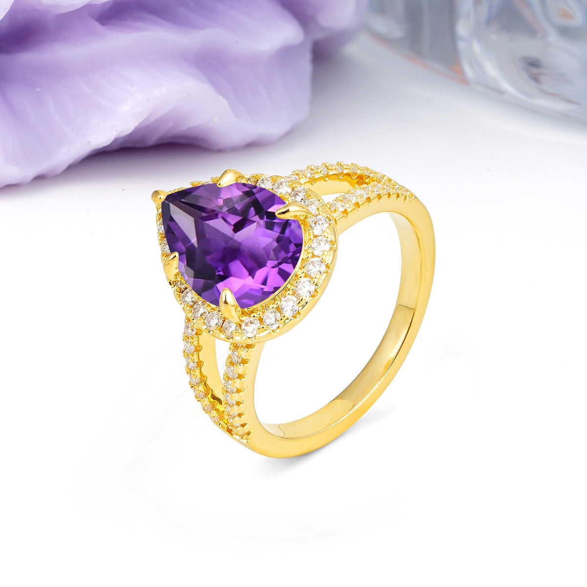 Classic Double-Row Diamond, Luxurious 5-Prong Pear Cut Amethyst Engagement Ring - Additional view