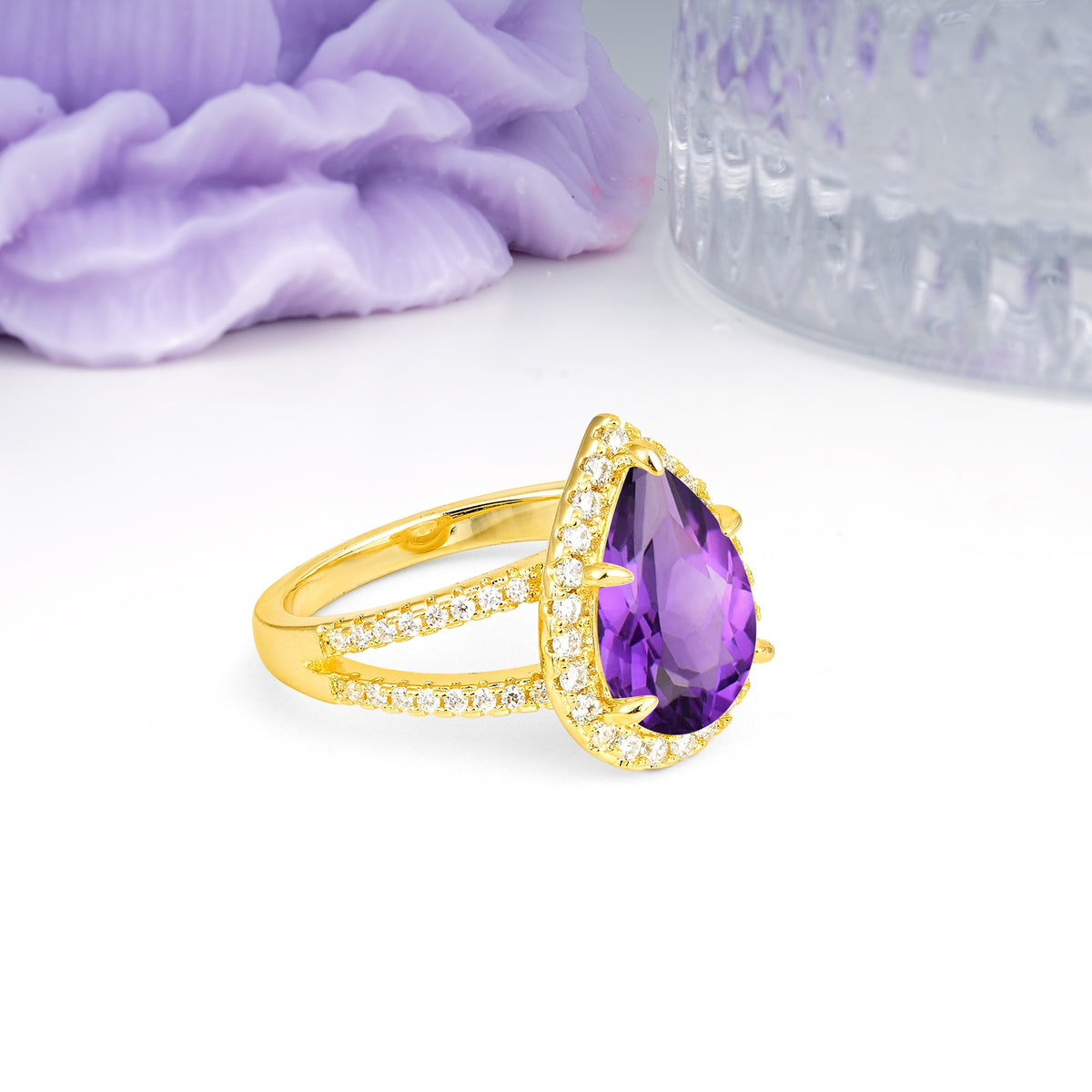 Classic Double-Row Diamond, Luxurious 5-Prong Pear Cut Amethyst Engagement Ring - Additional view