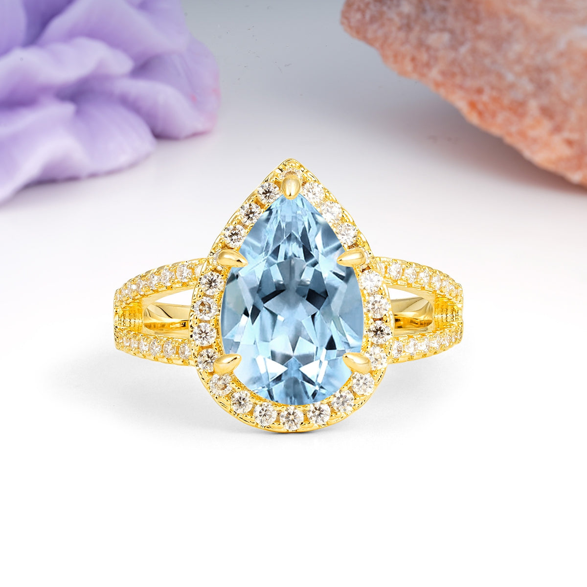 Classic Double-Row Diamond, Luxurious 5-Prong Pear Cut Aquamarine Engagement Ring - Additional view