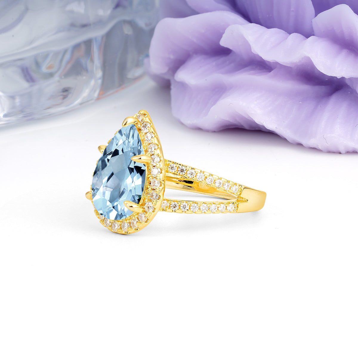 Classic Double-Row Diamond, Luxurious 5-Prong Pear Cut Aquamarine Engagement Ring - Additional view