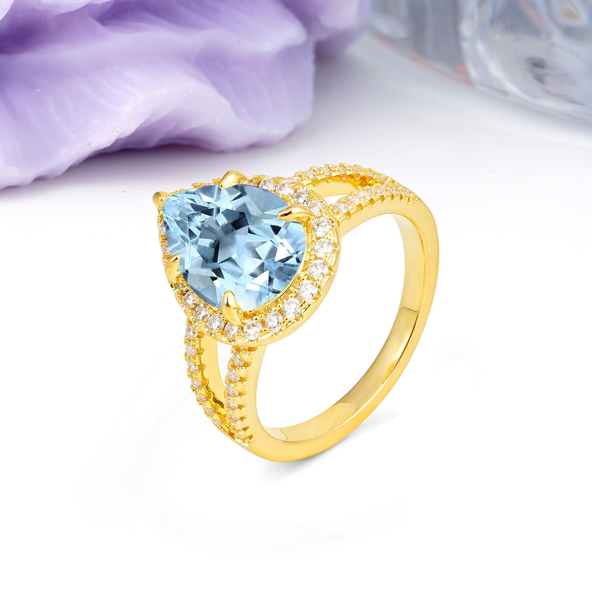 Classic Double-Row Diamond, Luxurious 5-Prong Pear Cut Aquamarine Engagement Ring - Additional view