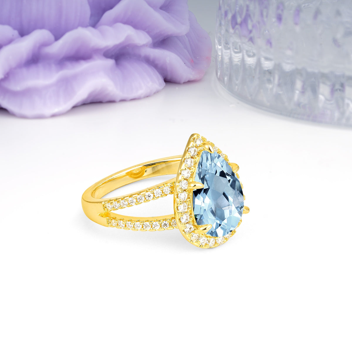 Classic Double-Row Diamond, Luxurious 5-Prong Pear Cut Aquamarine Engagement Ring - Additional view
