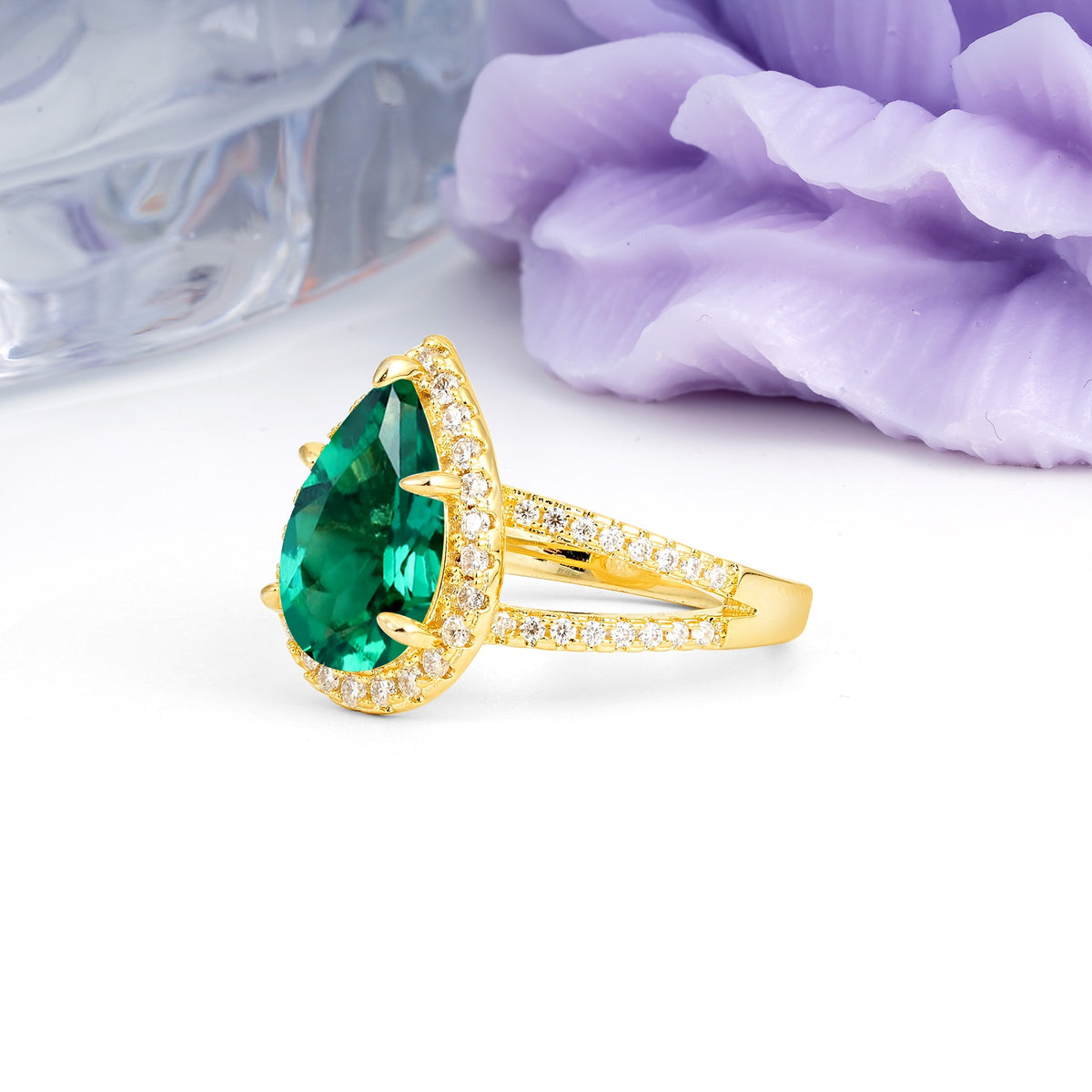 Classic Double-Row Diamond, Luxurious 5-Prong Pear Cut Emerald Engagement Ring - Additional view