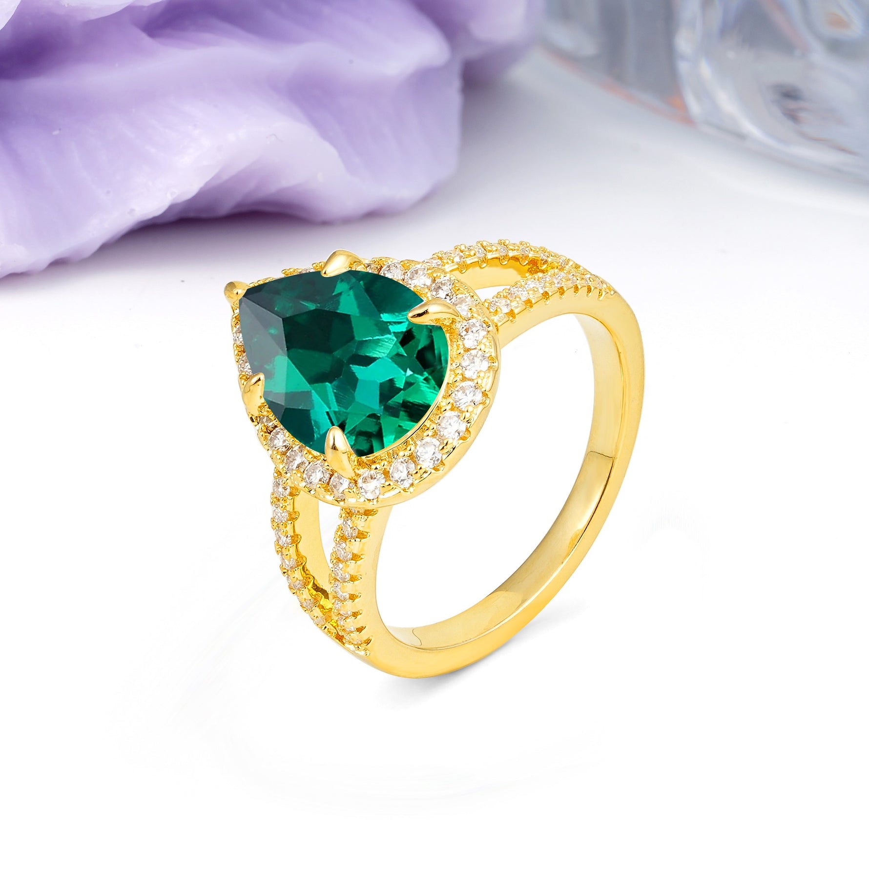 Classic Double-Row Diamond, Luxurious 5-Prong Pear Cut Emerald Engagement Ring - Additional view