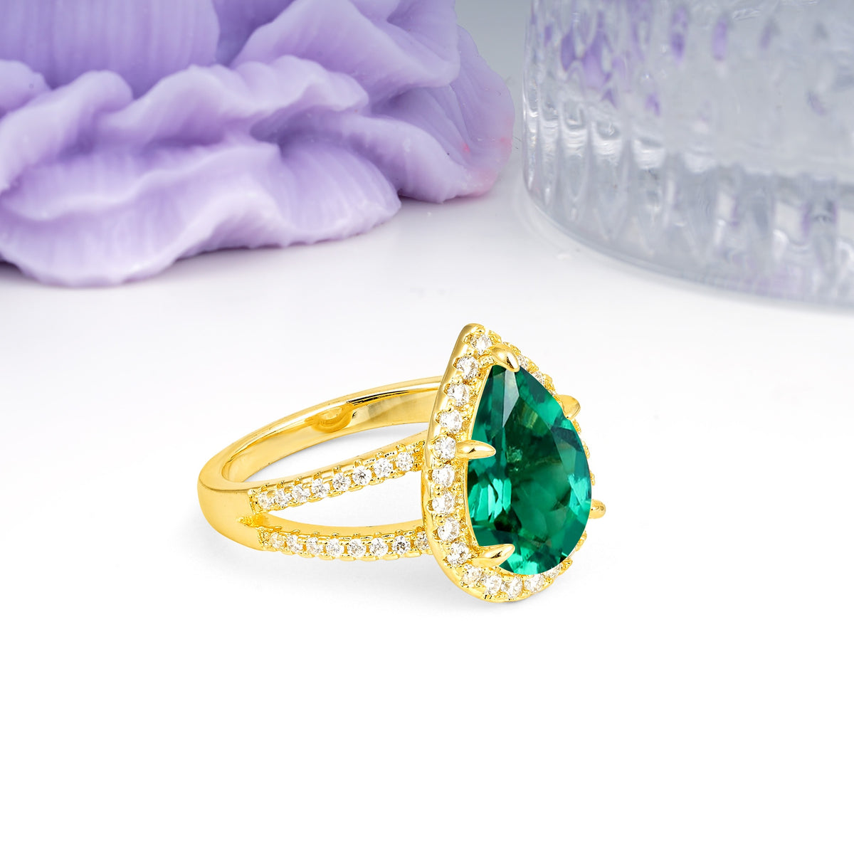 Classic Double-Row Diamond, Luxurious 5-Prong Pear Cut Emerald Engagement Ring - Additional view