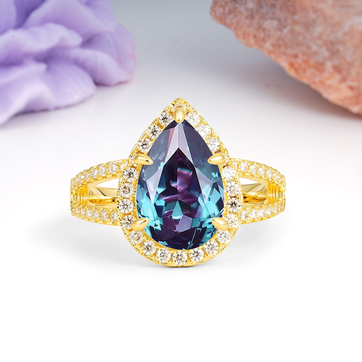 Classic Double-Row Diamond, Luxurious 5-Prong Pear Cut Alexandrite Engagement Ring - Additional view