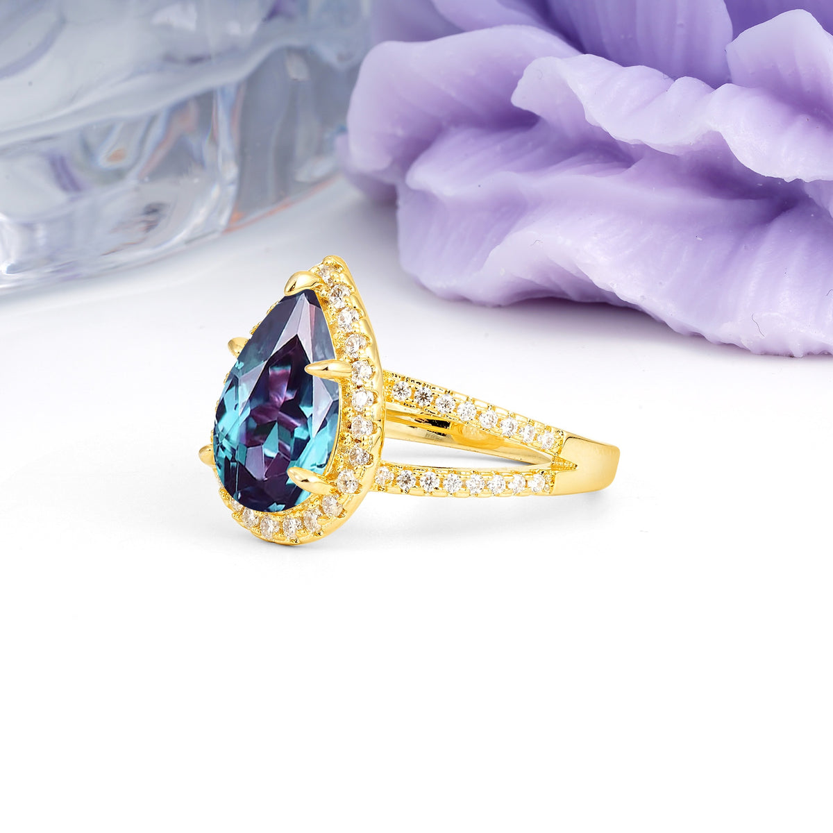 Classic Double-Row Diamond, Luxurious 5-Prong Pear Cut Alexandrite Engagement Ring - Additional view
