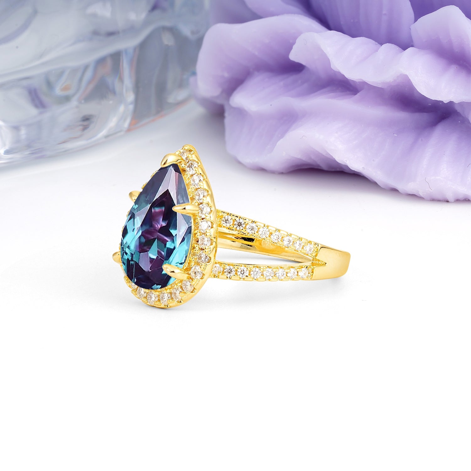 Classic Double-Row Diamond, Luxurious 5-Prong Pear Cut Alexandrite Engagement Ring - Additional view