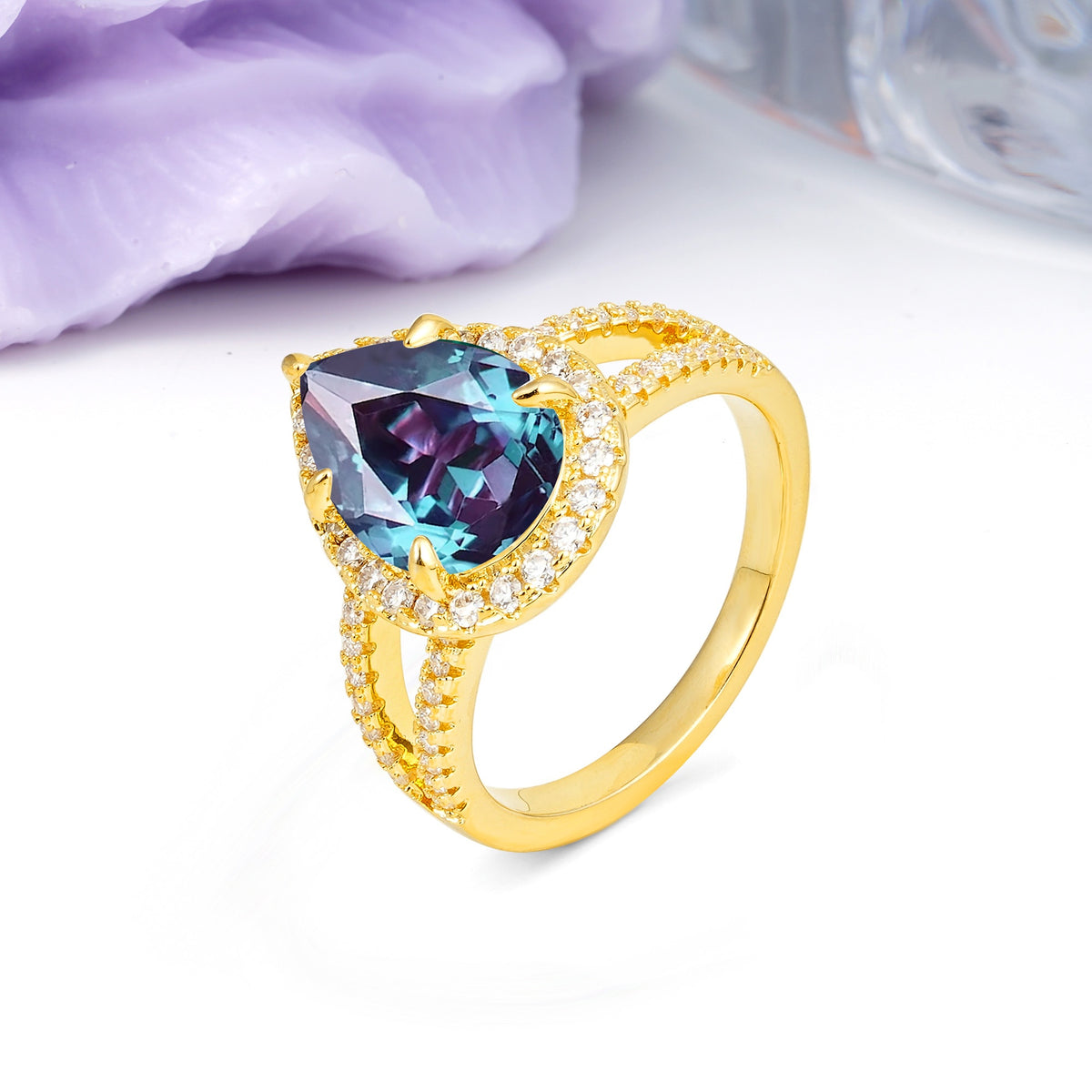 Classic Double-Row Diamond, Luxurious 5-Prong Pear Cut Alexandrite Engagement Ring - Additional view