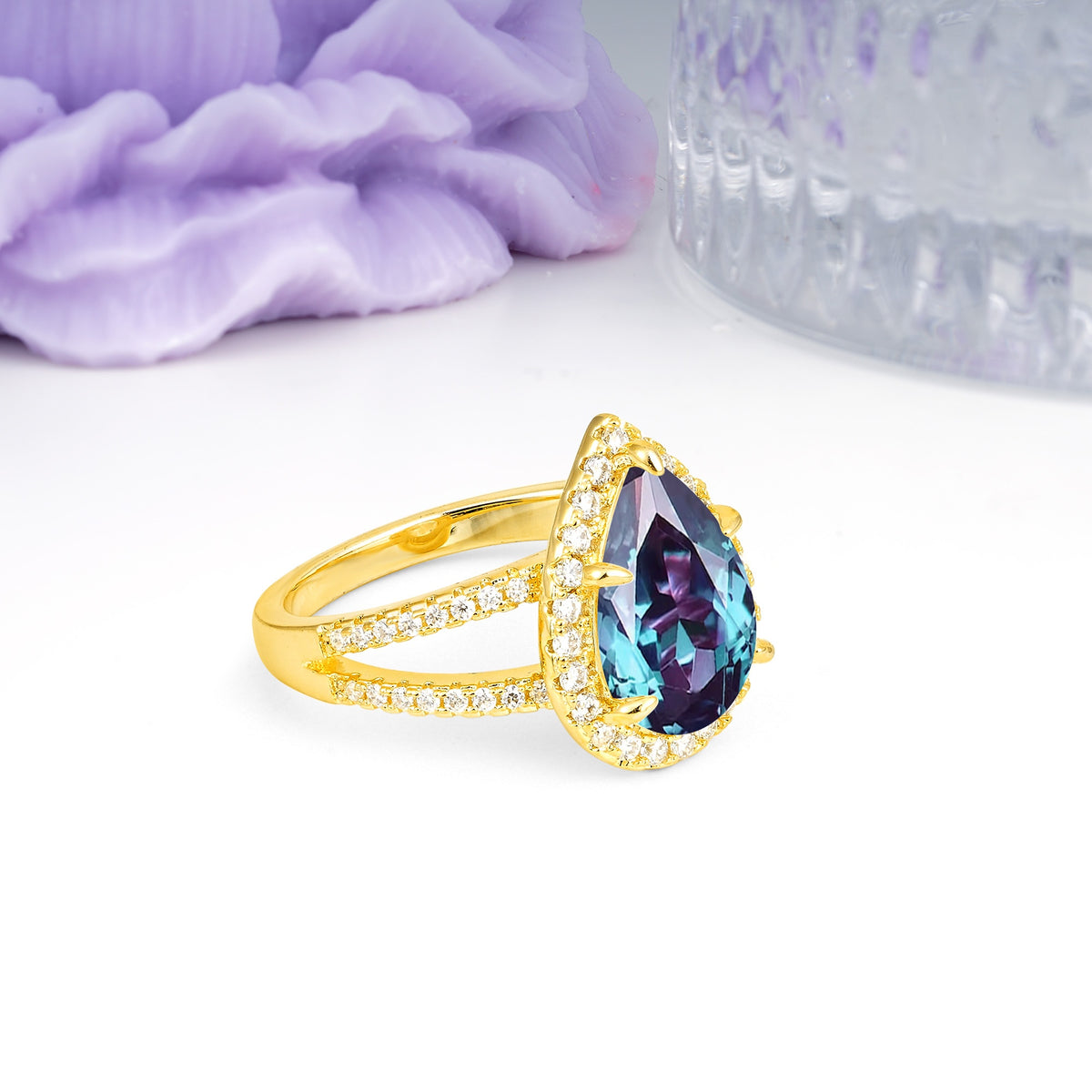 Classic Double-Row Diamond, Luxurious 5-Prong Pear Cut Alexandrite Engagement Ring - Additional view