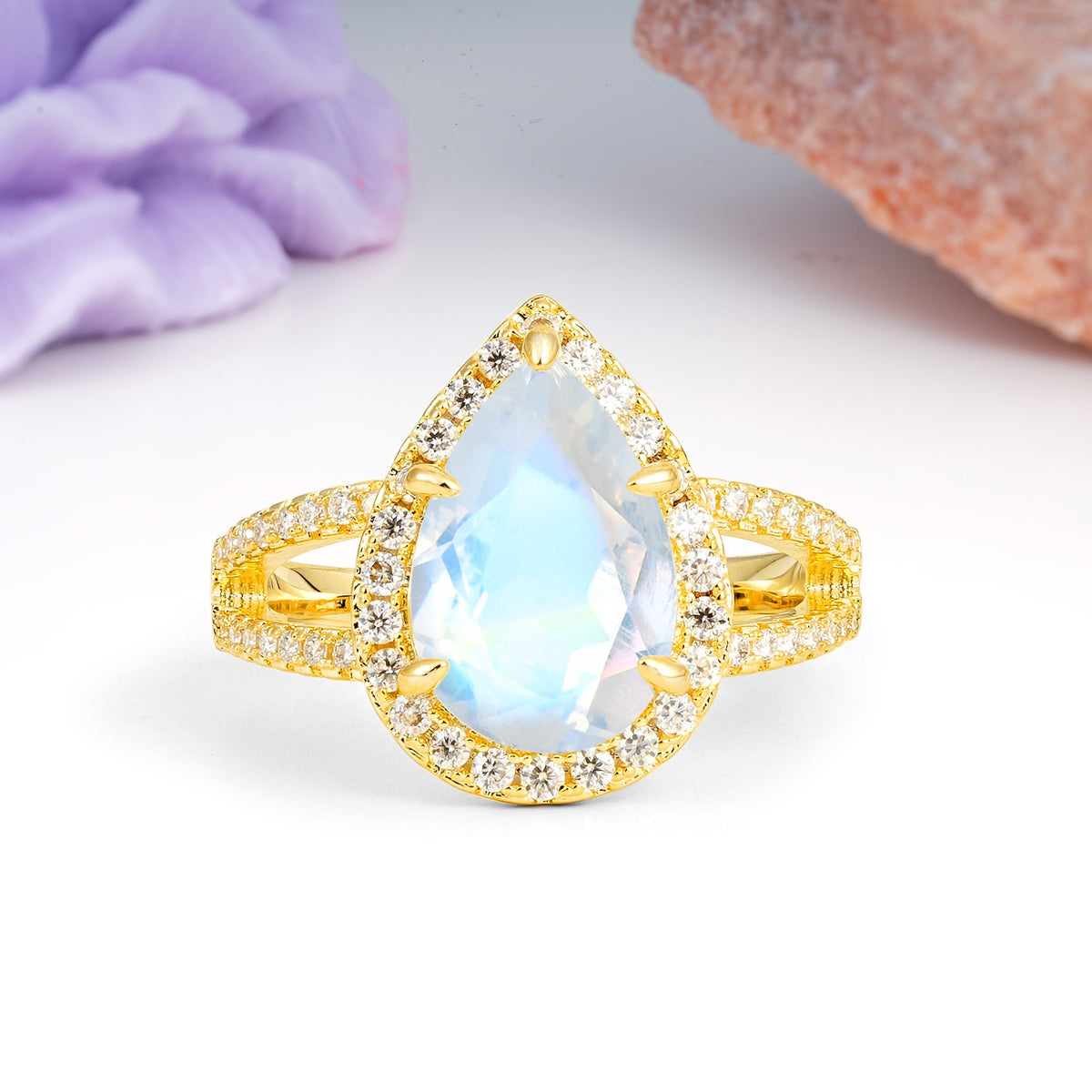 Classic Double-Row Diamond, Luxurious 5-Prong Pear Cut Moonstone Engagement Ring - Additional view