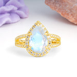 Classic Double-Row Diamond, Luxurious 5-Prong Pear Cut Moonstone Engagement Ring - Additional view