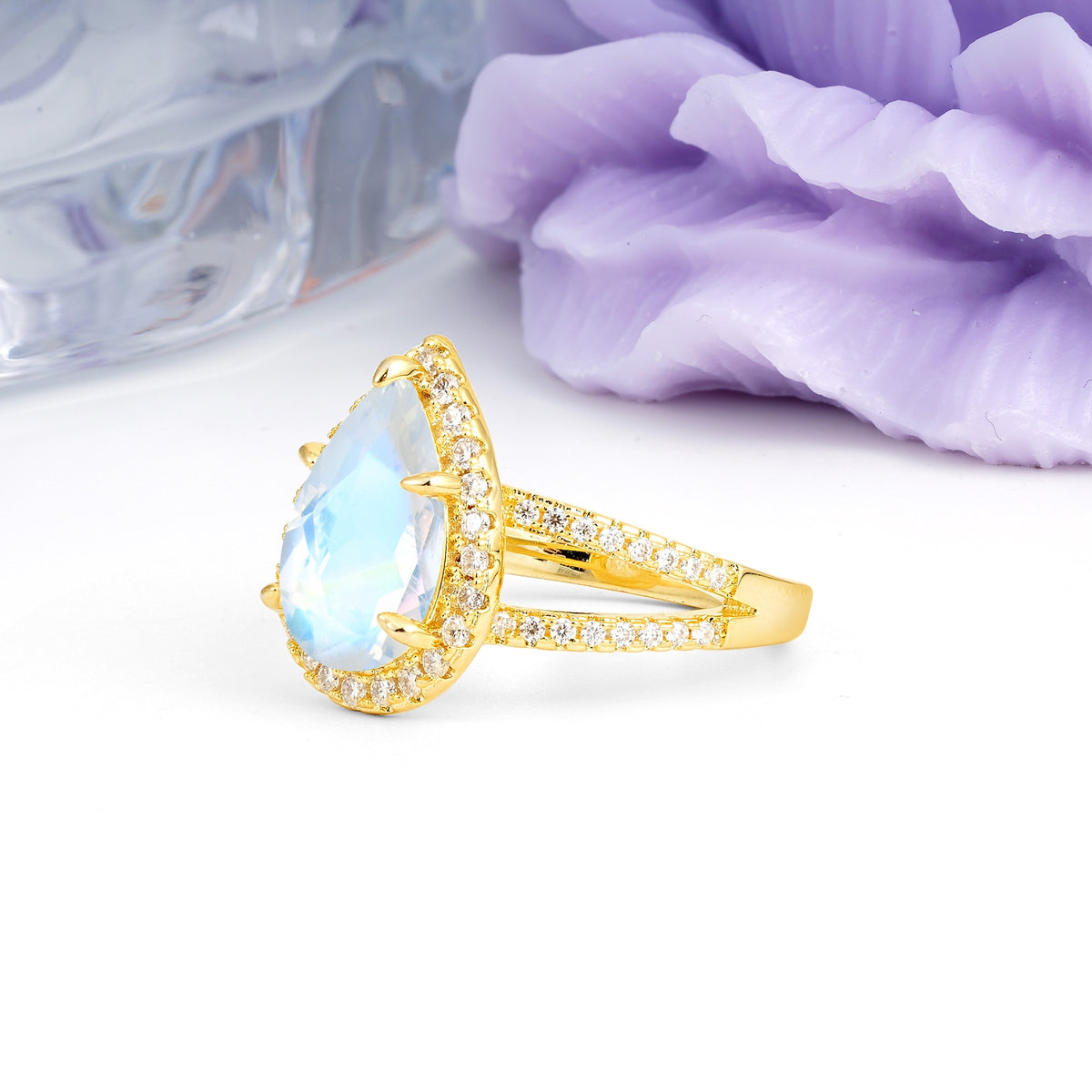 Classic Double-Row Diamond, Luxurious 5-Prong Pear Cut Moonstone Engagement Ring - Additional view