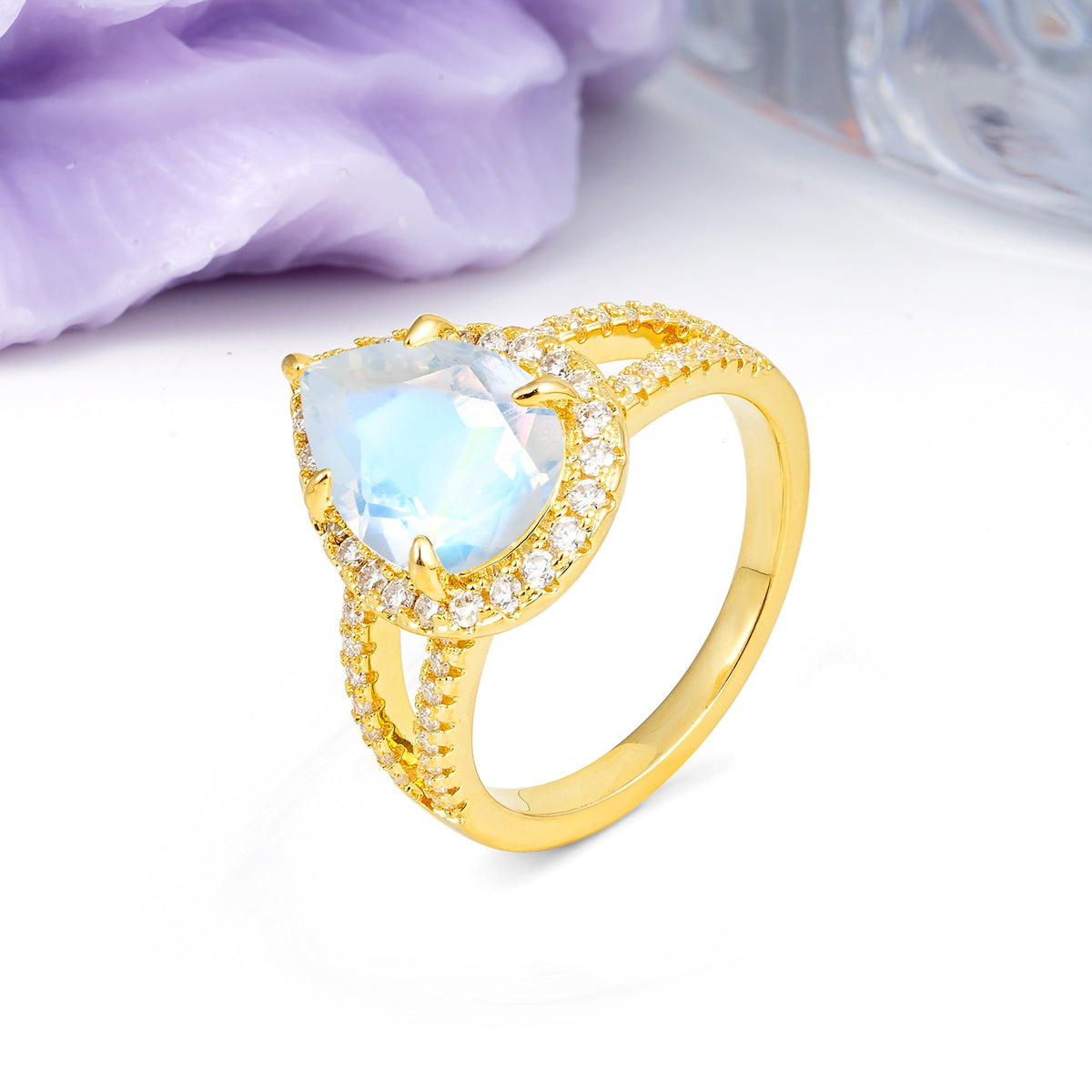 Classic Double-Row Diamond, Luxurious 5-Prong Pear Cut Moonstone Engagement Ring - Additional view