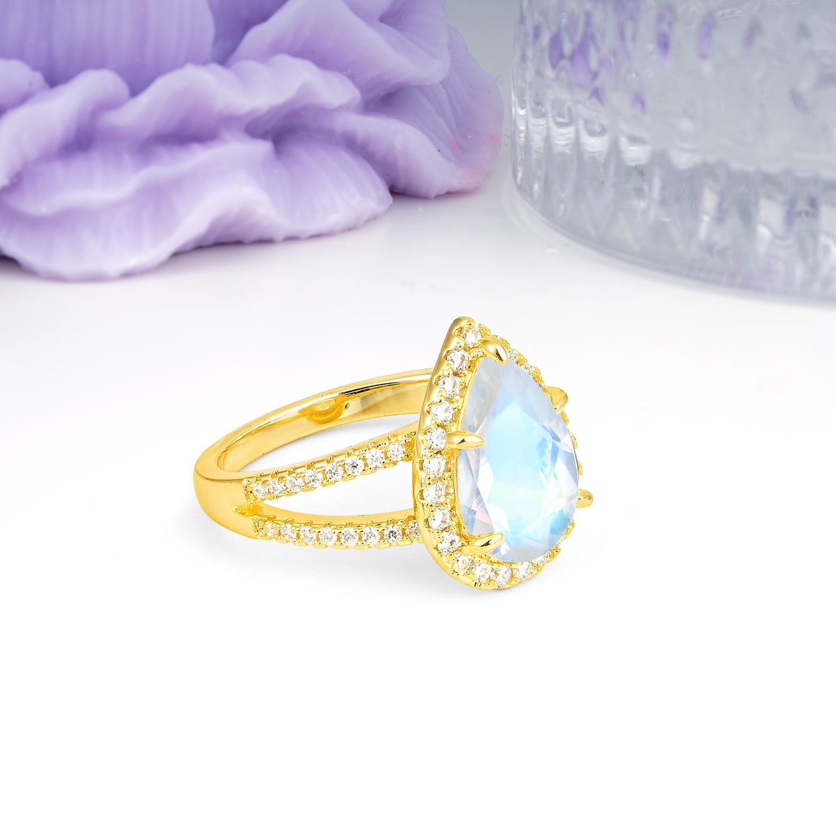 Classic Double-Row Diamond, Luxurious 5-Prong Pear Cut Moonstone Engagement Ring - Additional view