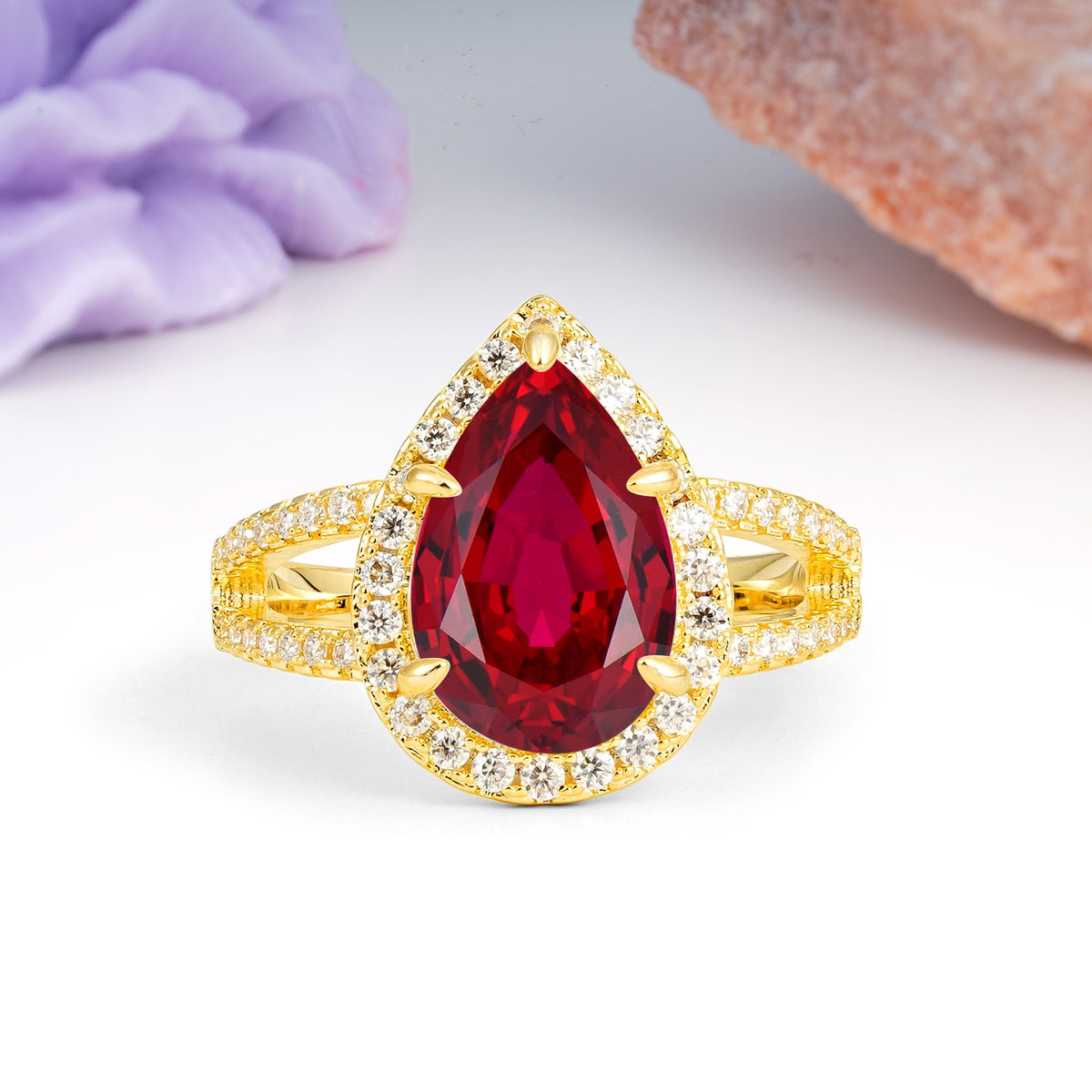 Classic Double-Row Diamond, Luxurious 5-Prong Pear Cut Ruby Engagement Ring - Additional view