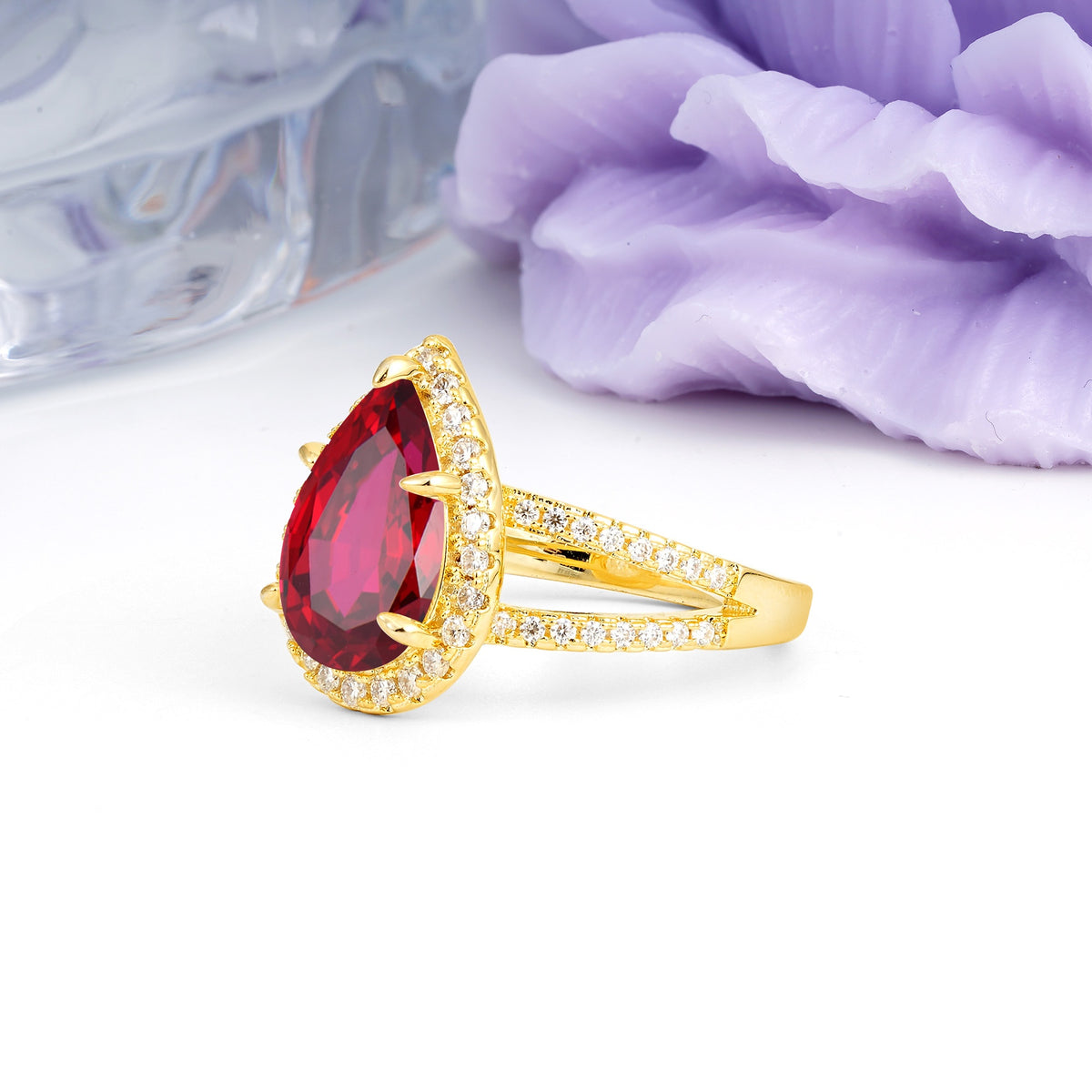 Classic Double-Row Diamond, Luxurious 5-Prong Pear Cut Ruby Engagement Ring - Additional view