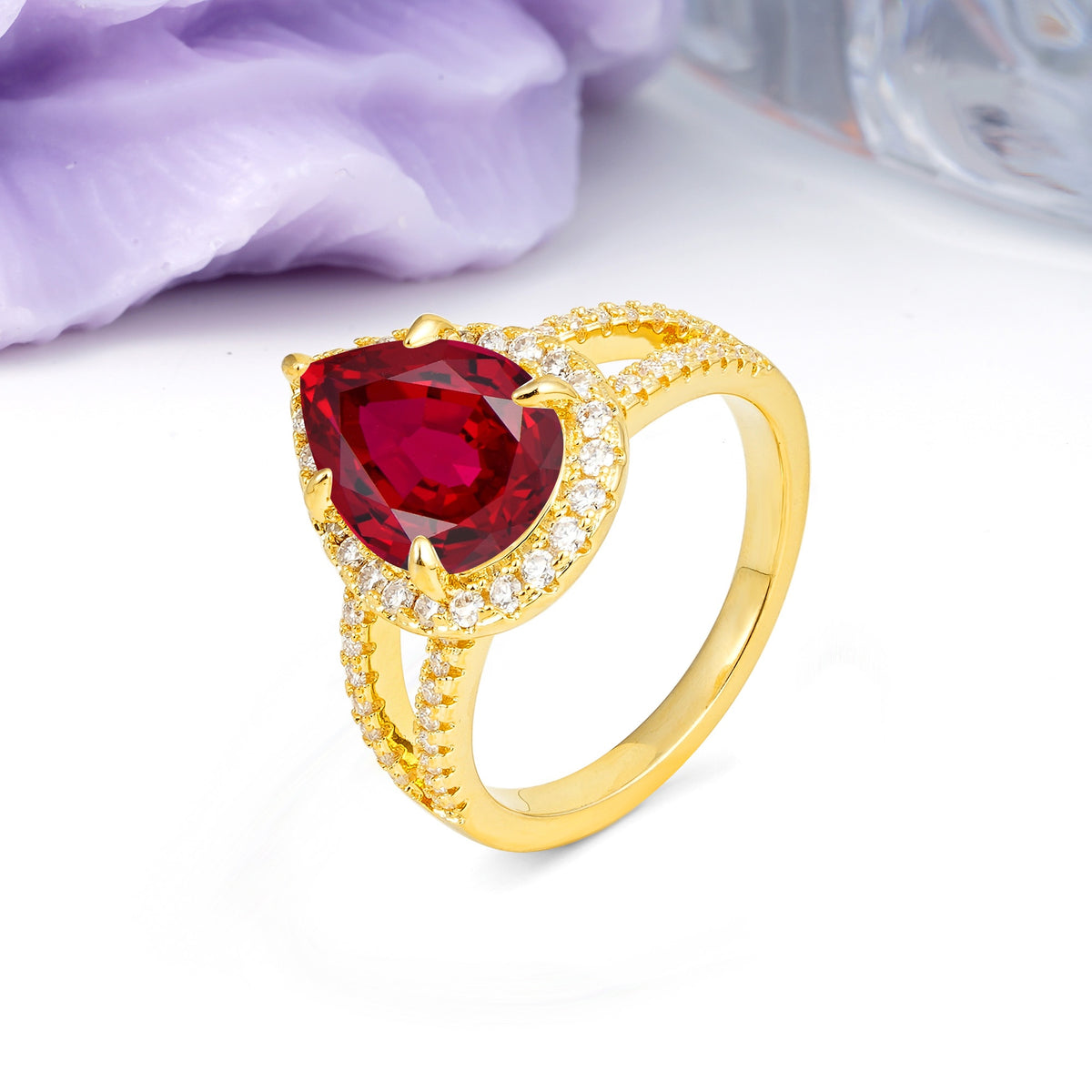 Classic Double-Row Diamond, Luxurious 5-Prong Pear Cut Ruby Engagement Ring - Additional view