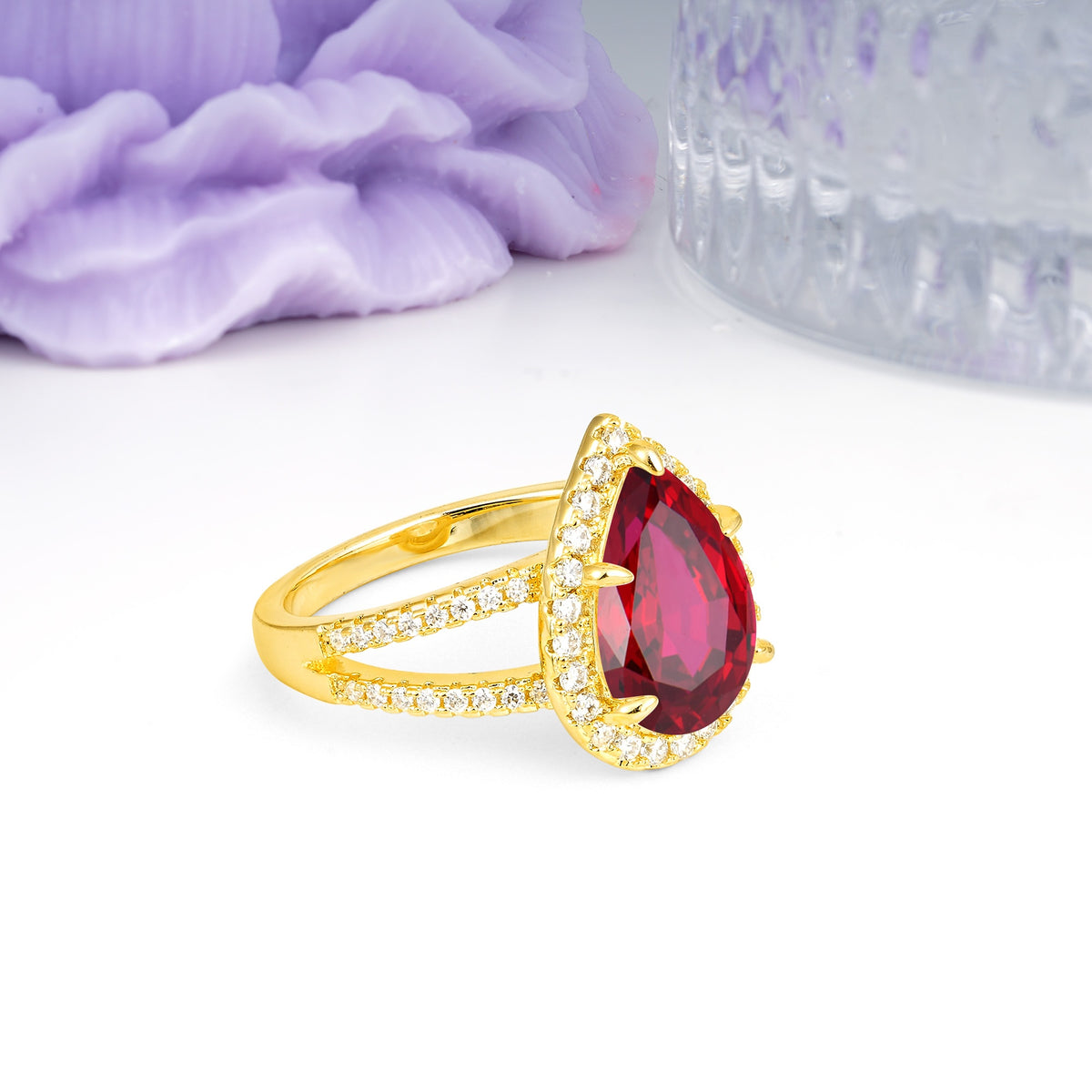 Classic Double-Row Diamond, Luxurious 5-Prong Pear Cut Ruby Engagement Ring - Additional view
