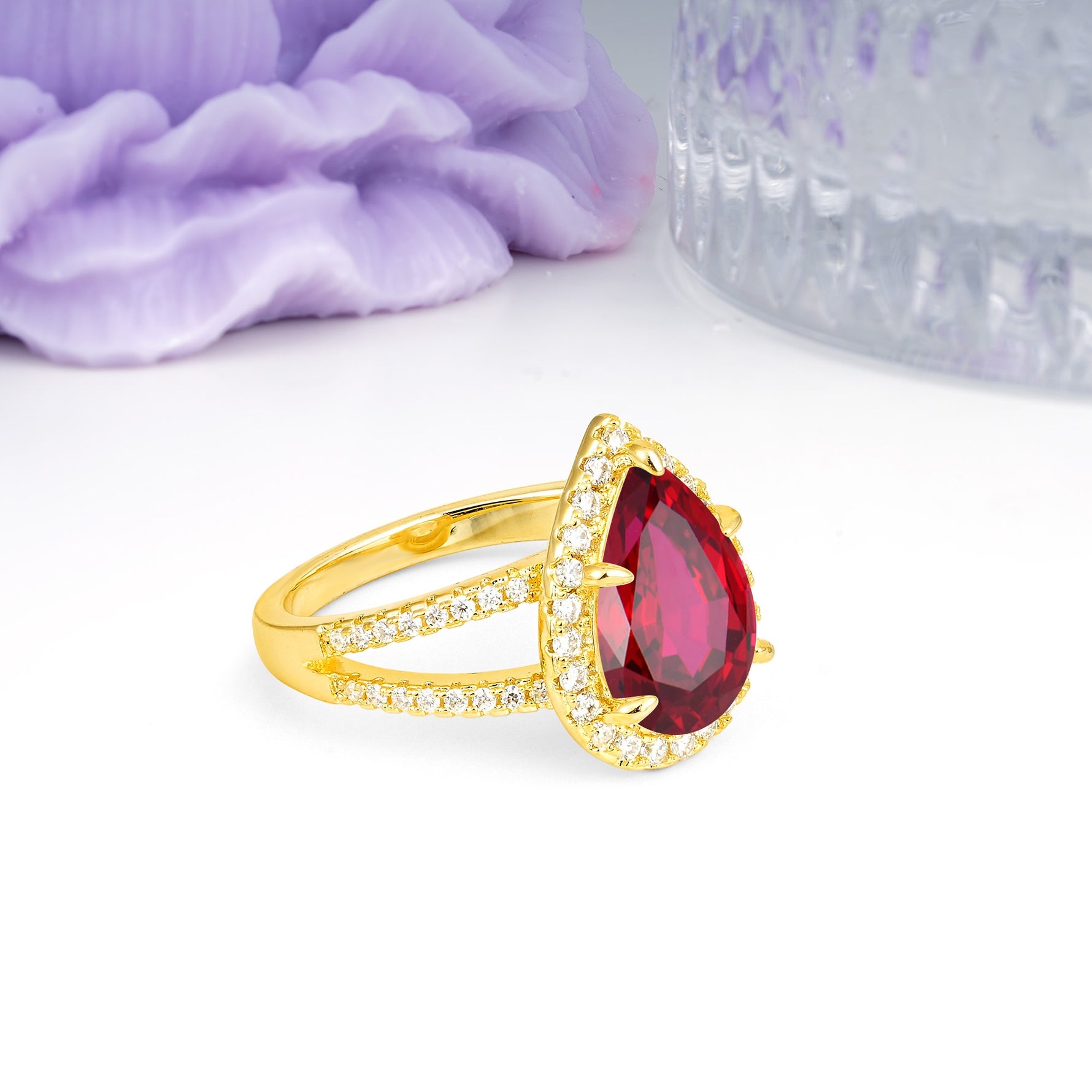 Classic Double-Row Diamond, Luxurious 5-Prong Pear Cut Ruby Engagement Ring - Additional view