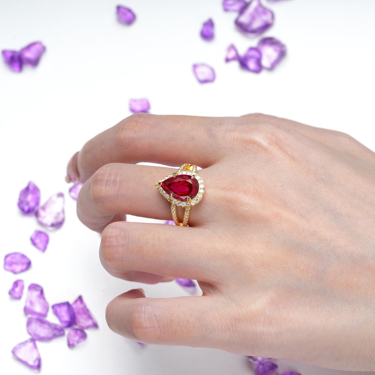 Classic Double-Row Diamond, Luxurious 5-Prong Pear Cut Ruby Engagement Ring