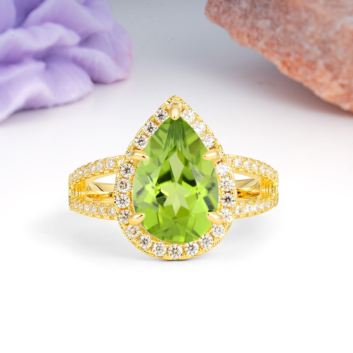 Classic Double-Row Diamond, Luxurious 5-Prong Pear Cut Peridot Engagement Ring - Additional view
