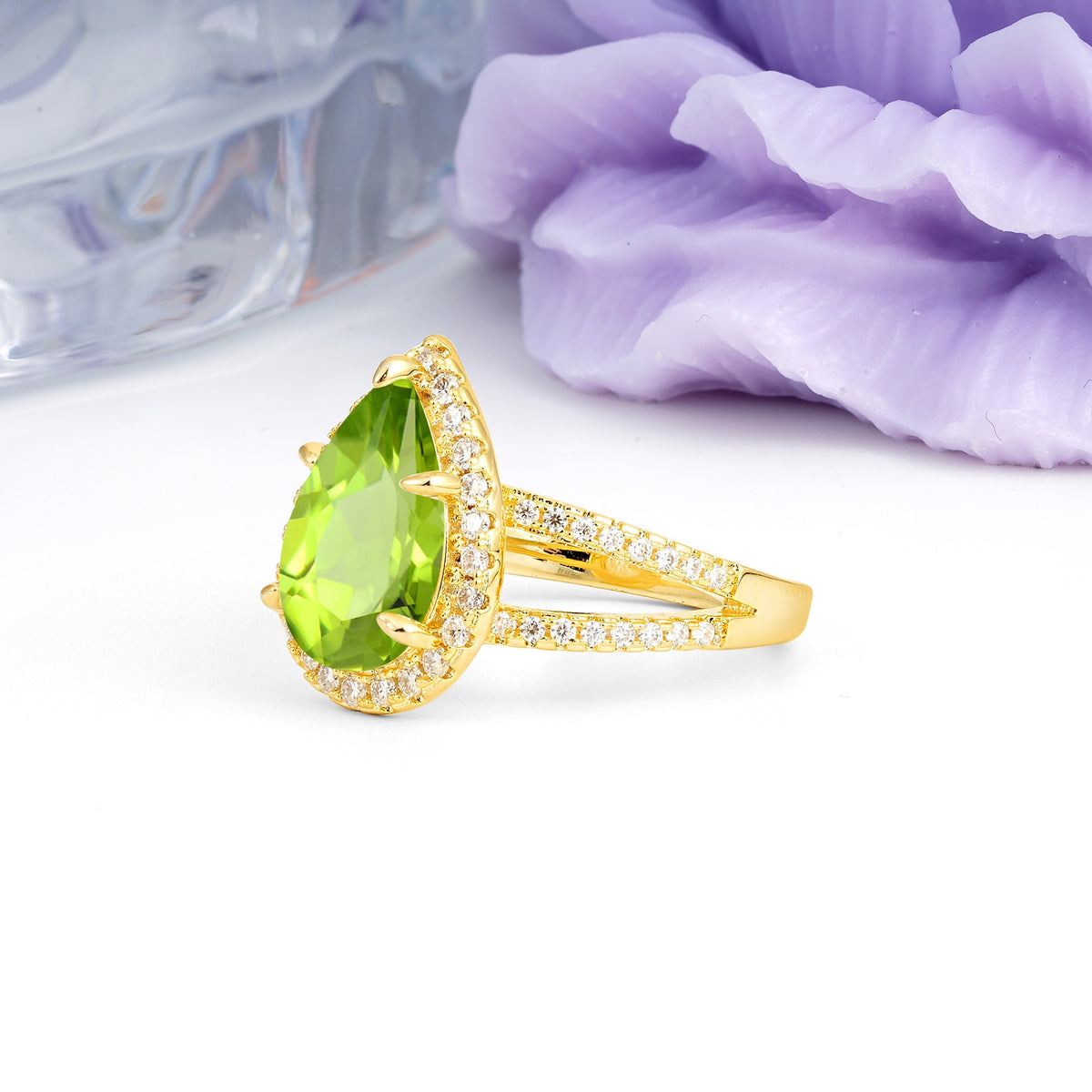Classic Double-Row Diamond, Luxurious 5-Prong Pear Cut Peridot Engagement Ring - Additional view