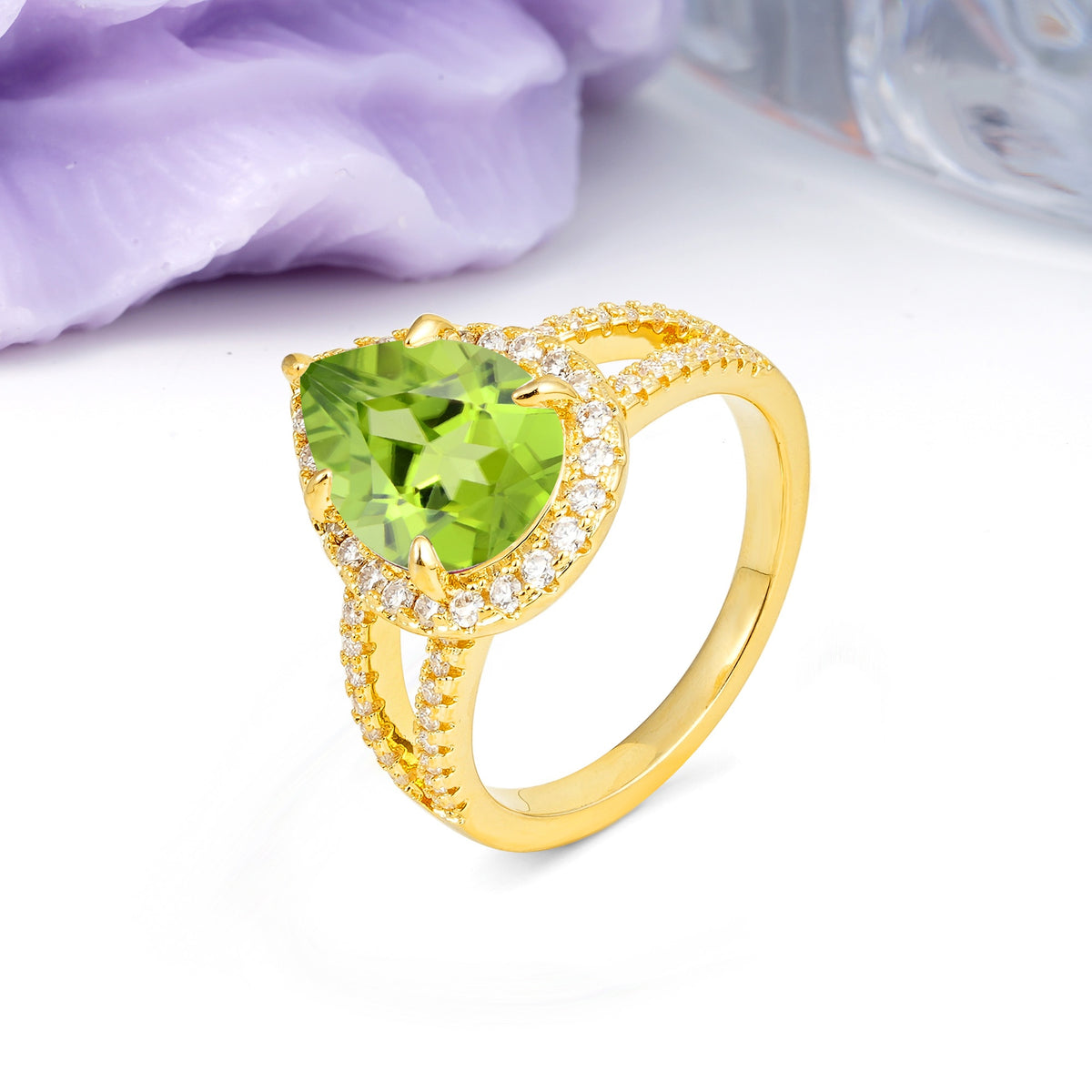 Classic Double-Row Diamond, Luxurious 5-Prong Pear Cut Peridot Engagement Ring - Additional view