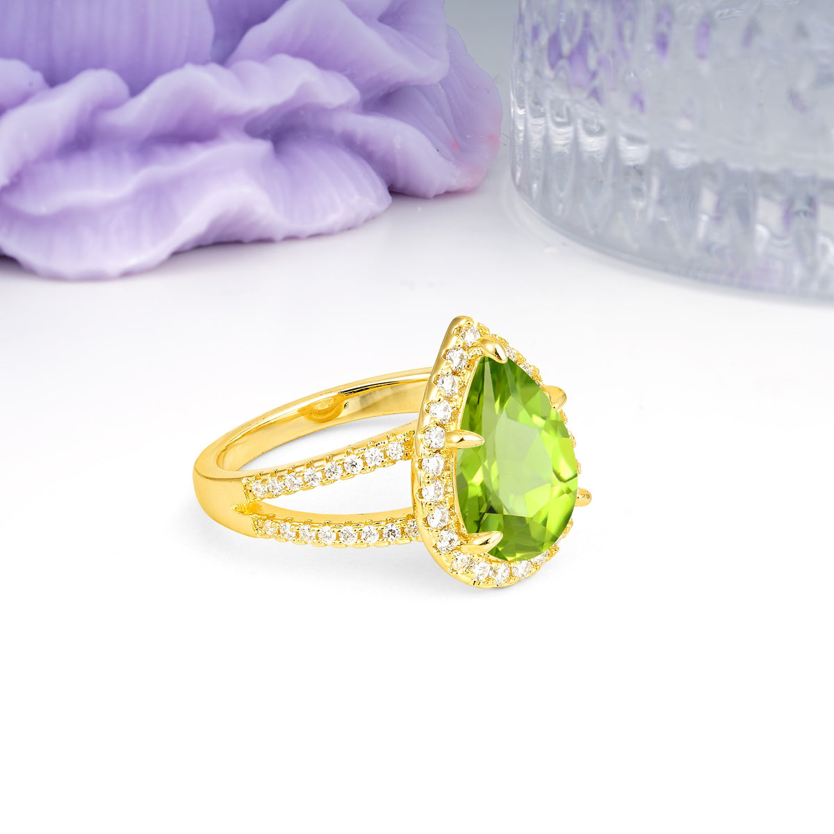 Classic Double-Row Diamond, Luxurious 5-Prong Pear Cut Peridot Engagement Ring - Additional view