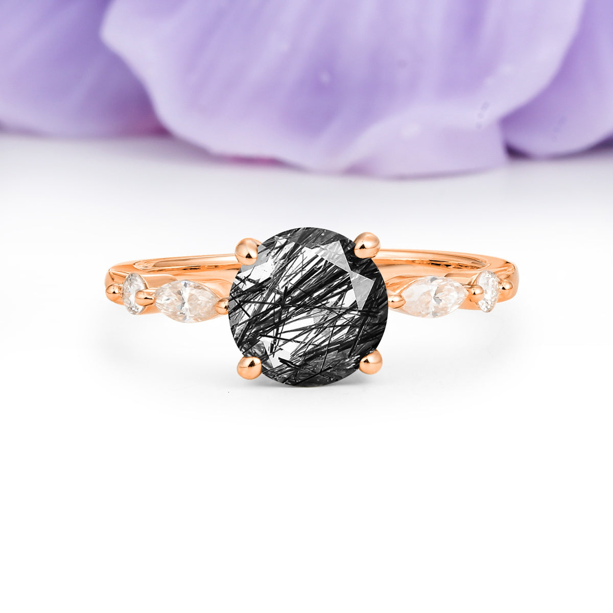 Classic Retro Luxury 4-Prong Round Cut Black Rutilated Quartz Engagement Ring - Additional view