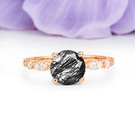 Classic Retro Luxury 4-Prong Round Cut Black Rutilated Quartz Engagement Ring - Additional view