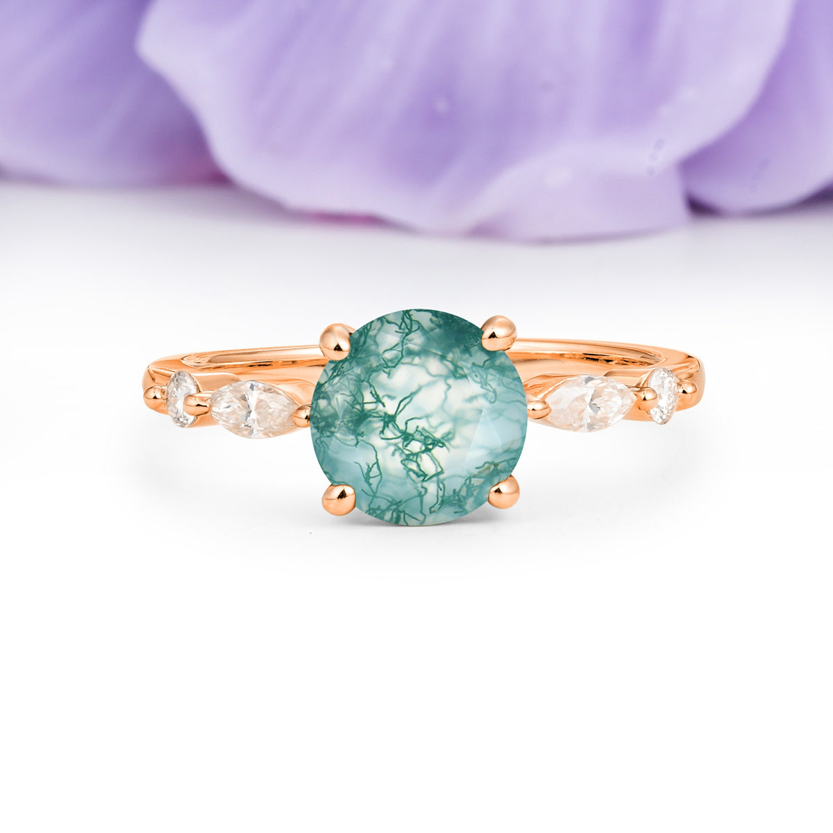 Classic Retro Luxury 4-Prong Round Cut Moss Agate Engagement Ring - Additional view