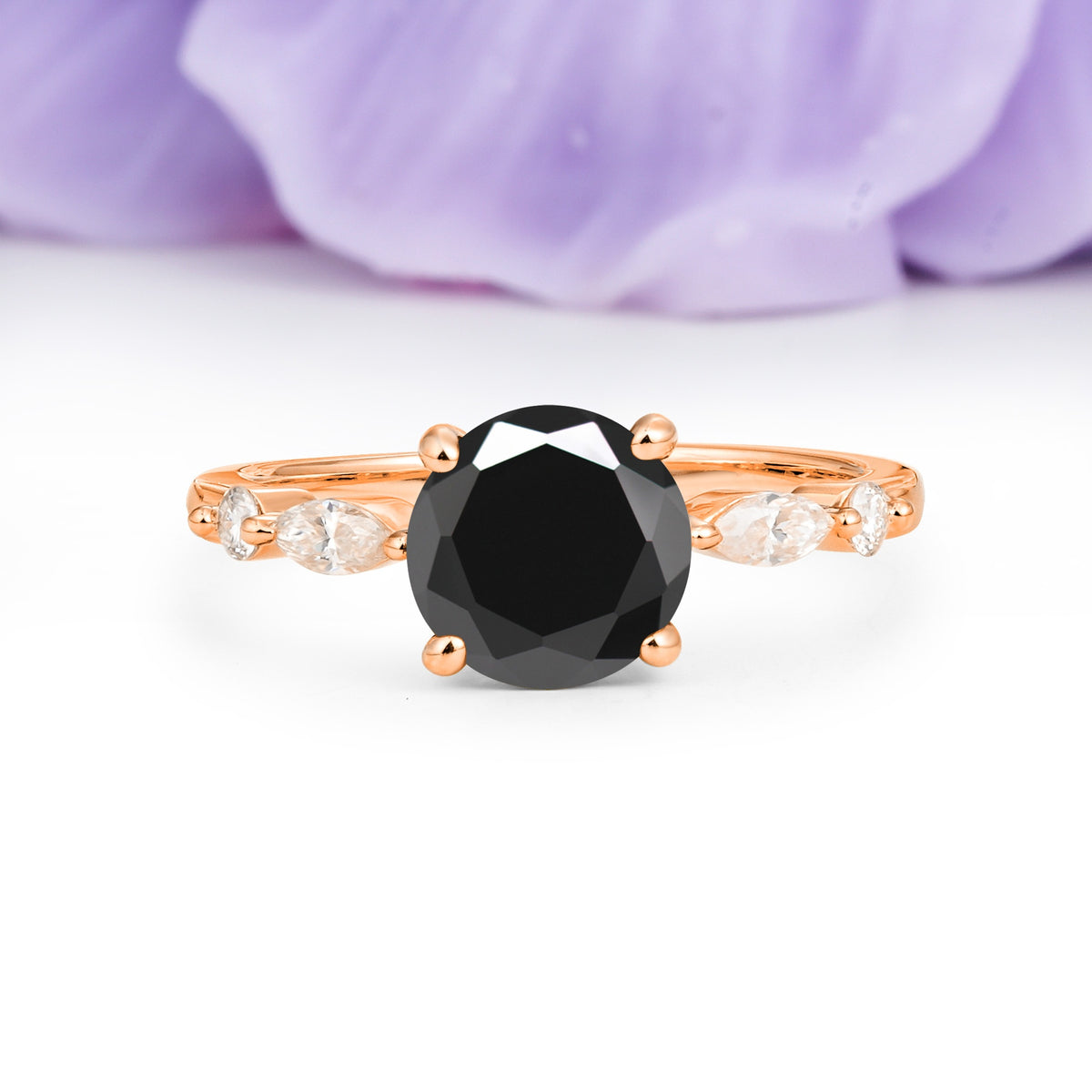 Classic Retro Luxury 4-Prong Round Cut Black Onyx Engagement Ring - Additional view