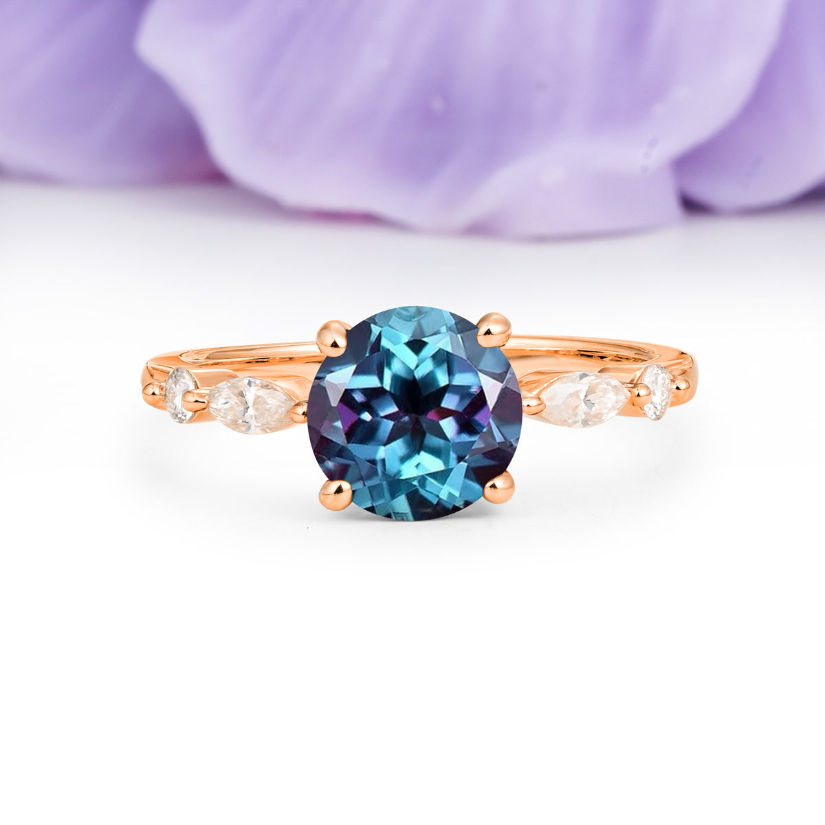 Classic Retro Luxury 4-Prong Round Cut Alexandrite Engagement Ring - Additional view