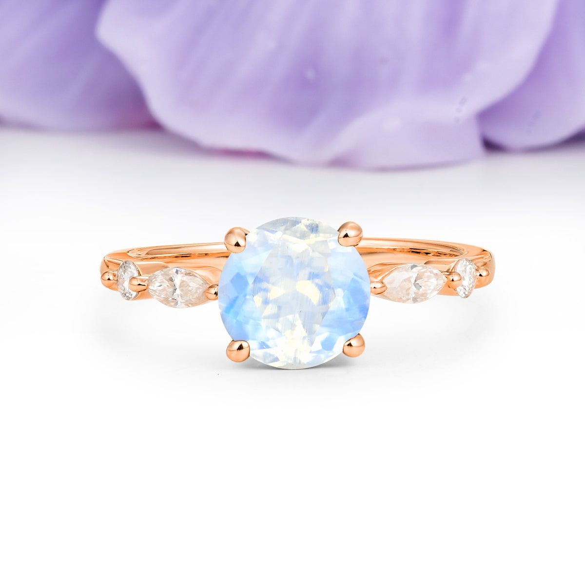 Classic Retro Luxury 4-Prong Round Cut Moonstone Engagement Ring - Additional view