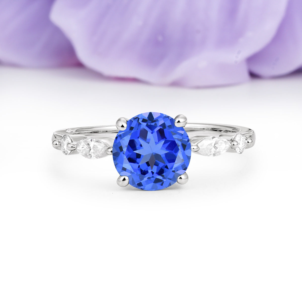 Classic Retro Luxury 4-Prong Round Cut Sapphire Engagement Ring - Additional view
