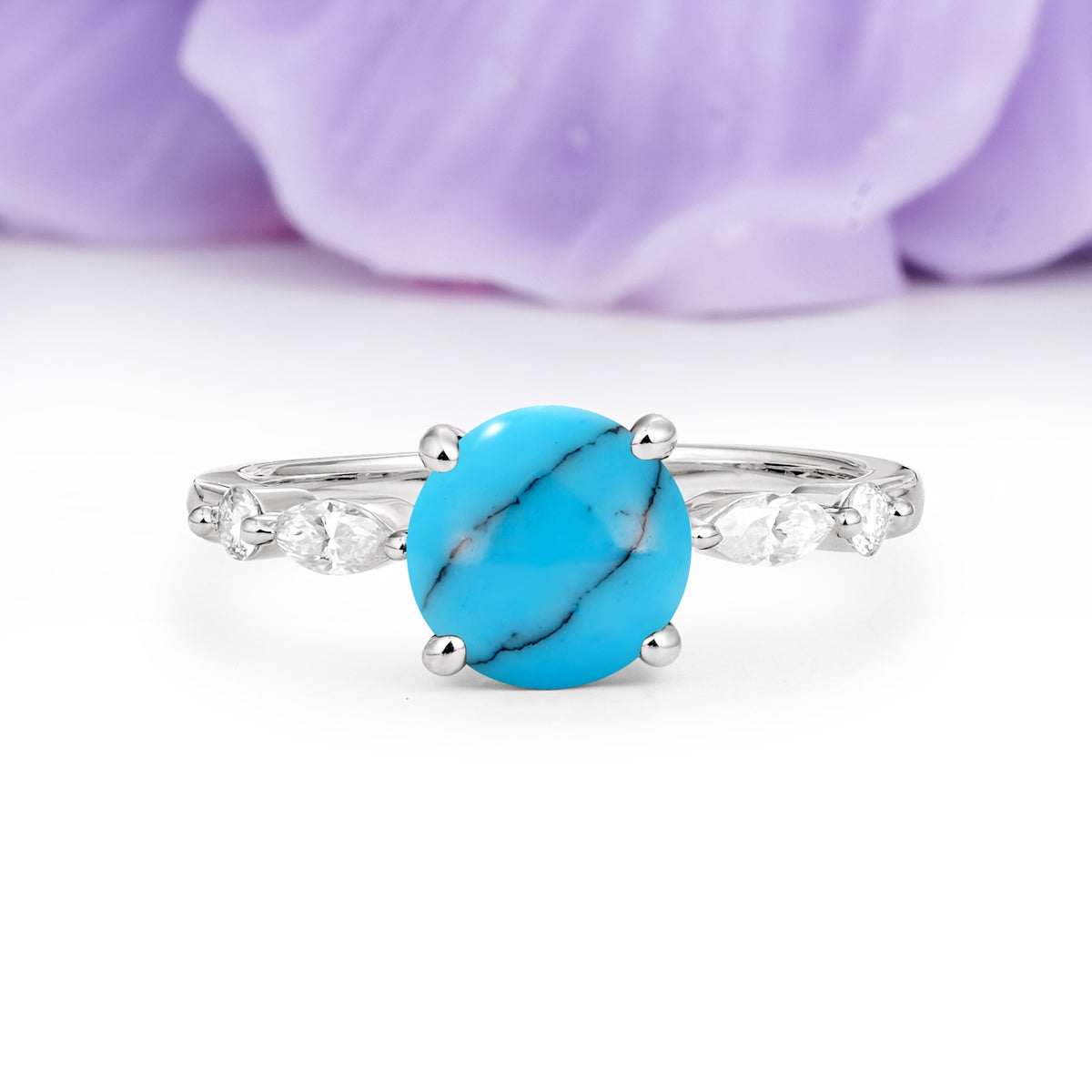 Classic Retro Luxury 4-Prong Round Cut Turquoise Engagement Ring - Additional view
