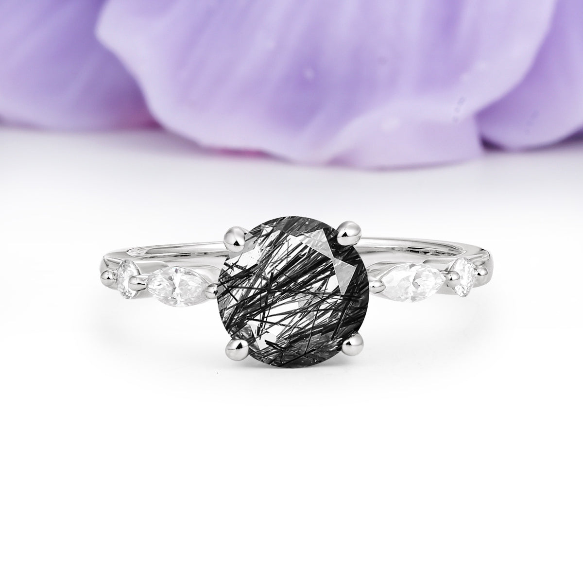 Classic Retro Luxury 4-Prong Round Cut Black Rutilated Quartz Engagement Ring - Additional view