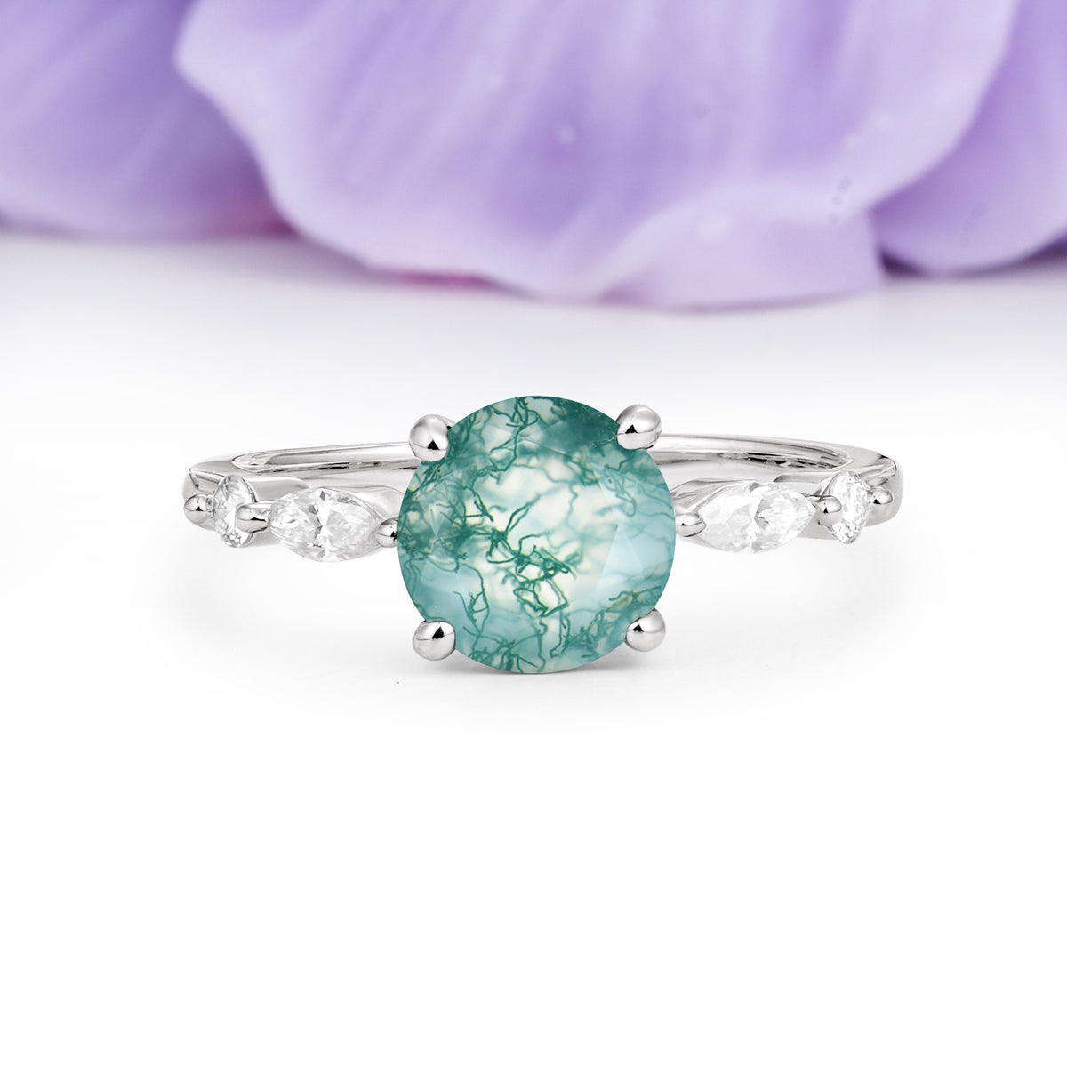 Classic Retro Luxury 4-Prong Round Cut Moss Agate Engagement Ring - Additional view