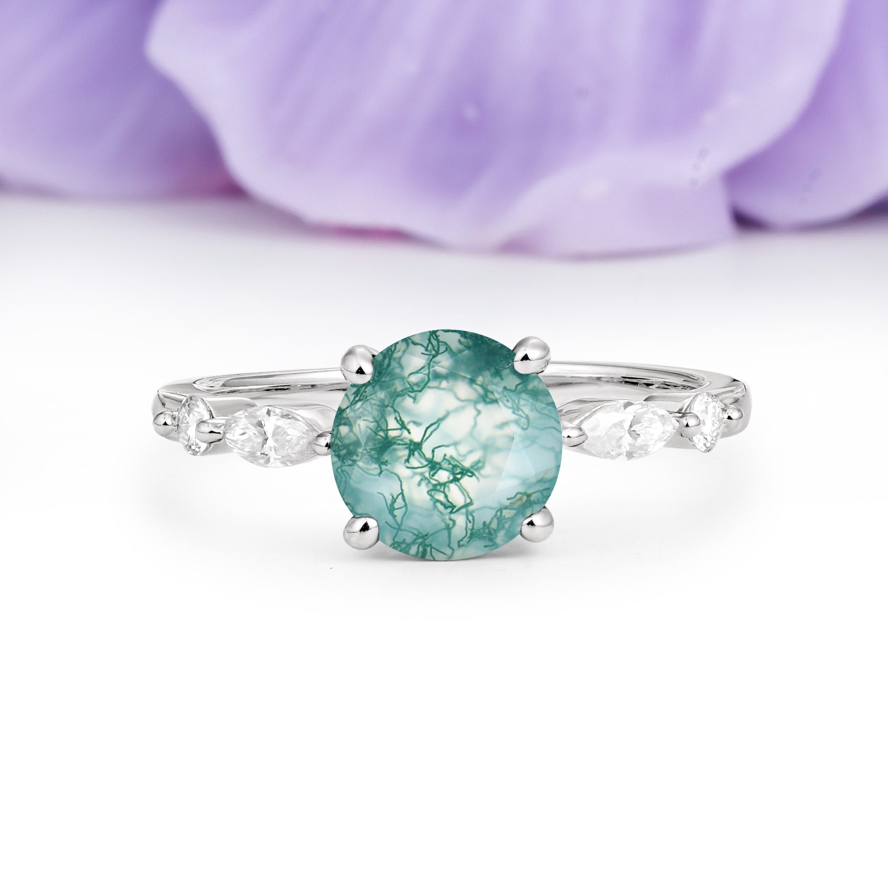 Classic Retro Luxury 4-Prong Round Cut Moss Agate Engagement Ring - Additional view