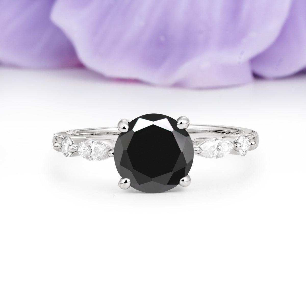 Classic Retro Luxury 4-Prong Round Cut Black Onyx Engagement Ring - Additional view