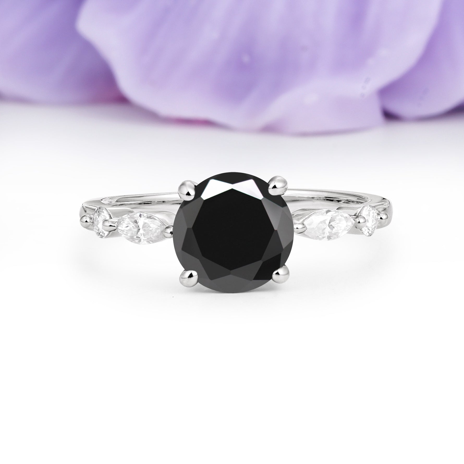 Classic Retro Luxury 4-Prong Round Cut Black Onyx Engagement Ring - Additional view