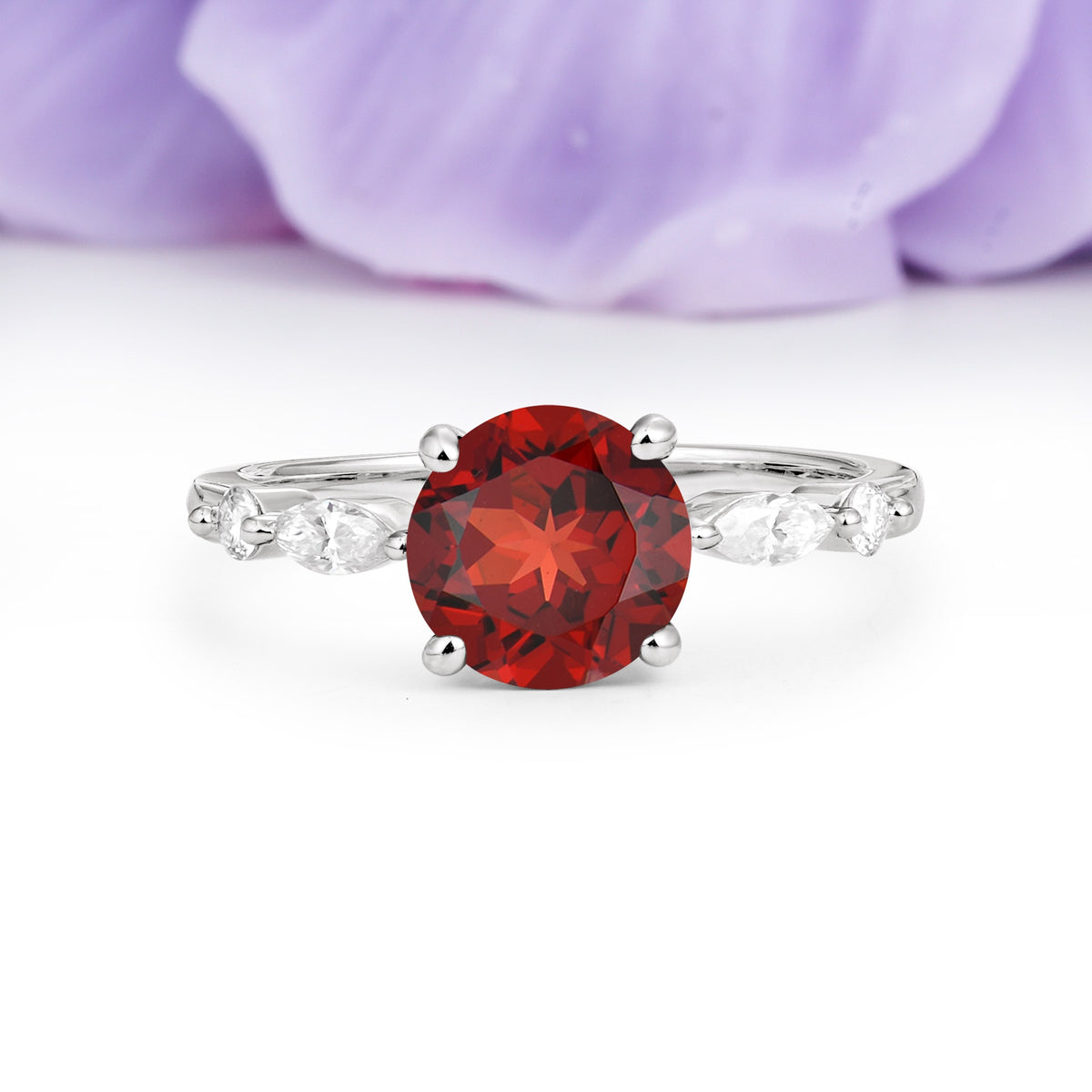 Classic Retro Luxury 4-Prong Round Cut Garnet Engagement Ring - Additional view