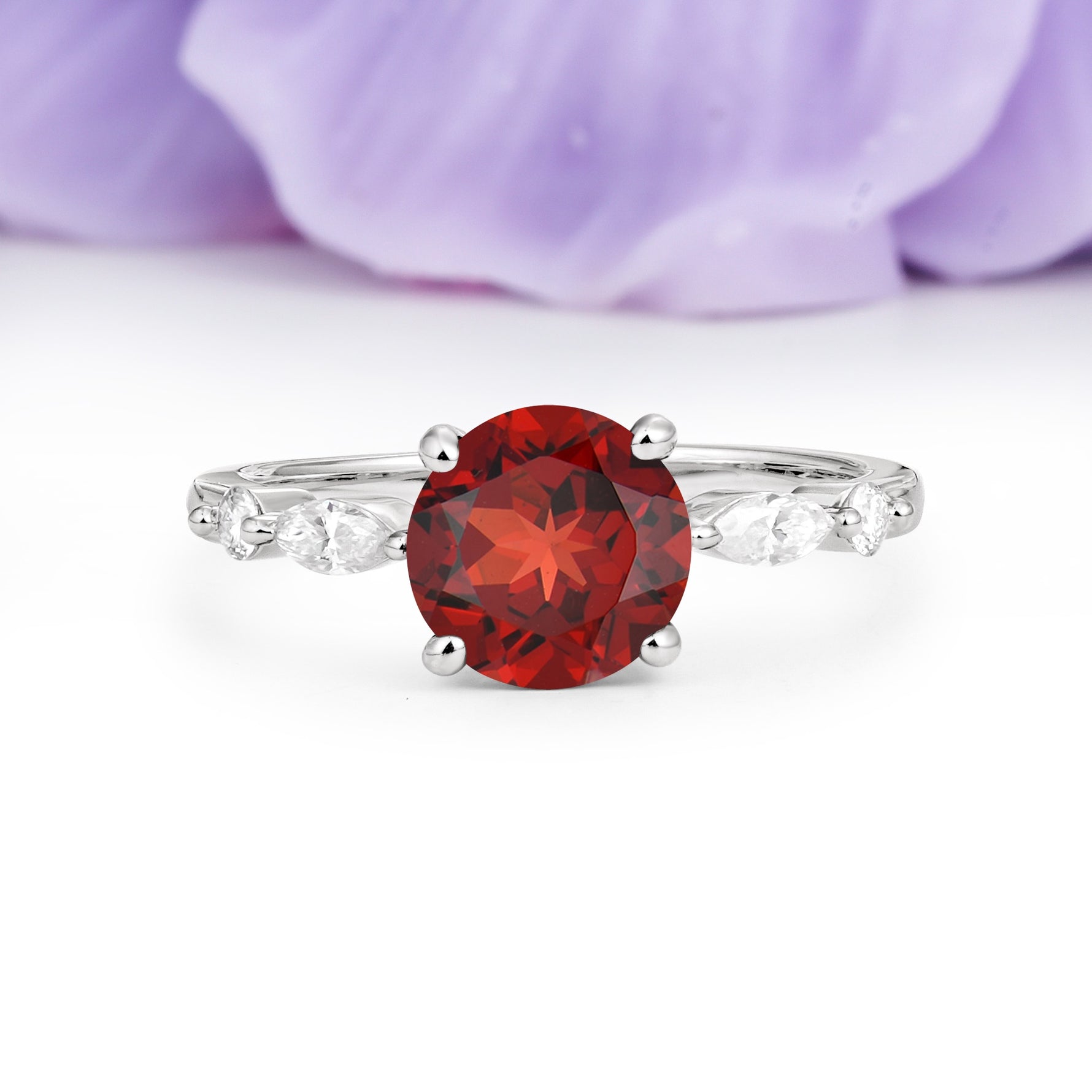 Classic Retro Luxury 4-Prong Round Cut Garnet Engagement Ring - Additional view