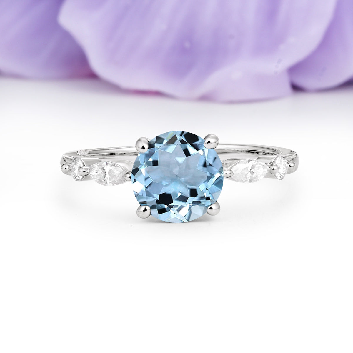 Classic Retro Luxury 4-Prong Round Cut Aquamarine Engagement Ring - Additional view
